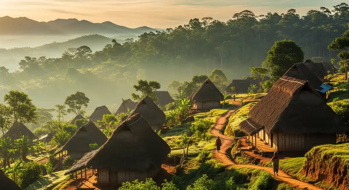 Village isolé d'Antatika à Madagascar avec maisons traditionnelles dans les hautes terres tropicales