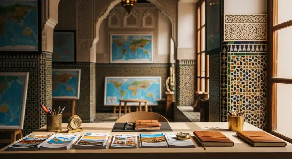 Bureau moderne agence Azami Voyage Fès avec brochures touristiques et éléments architecturaux marocains