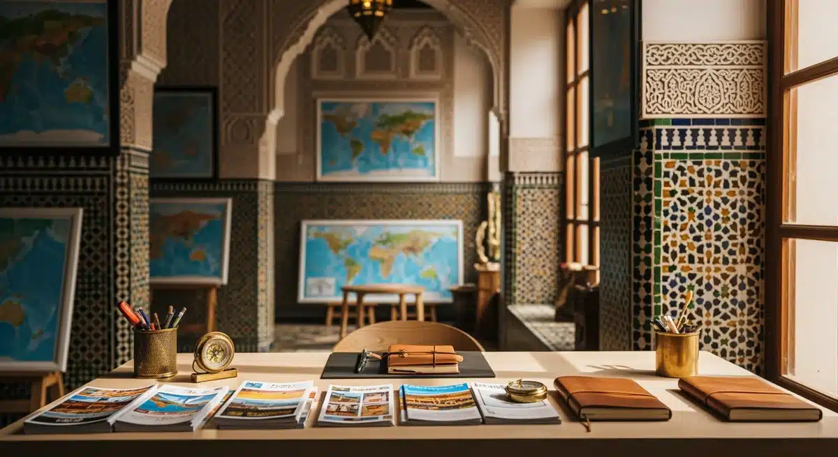 Bureau moderne agence Azami Voyage Fès avec brochures touristiques et éléments architecturaux marocains