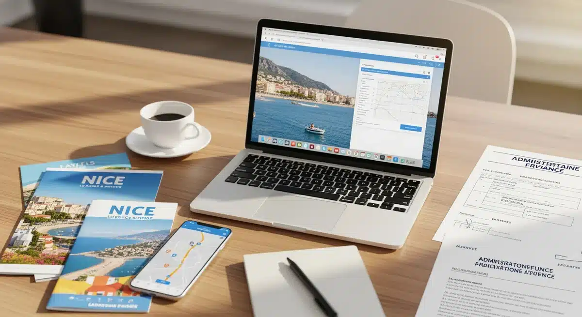 Espace de travail moderne avec ordinateur portable pour planification voyage Nice et documents CAF cafnice.org