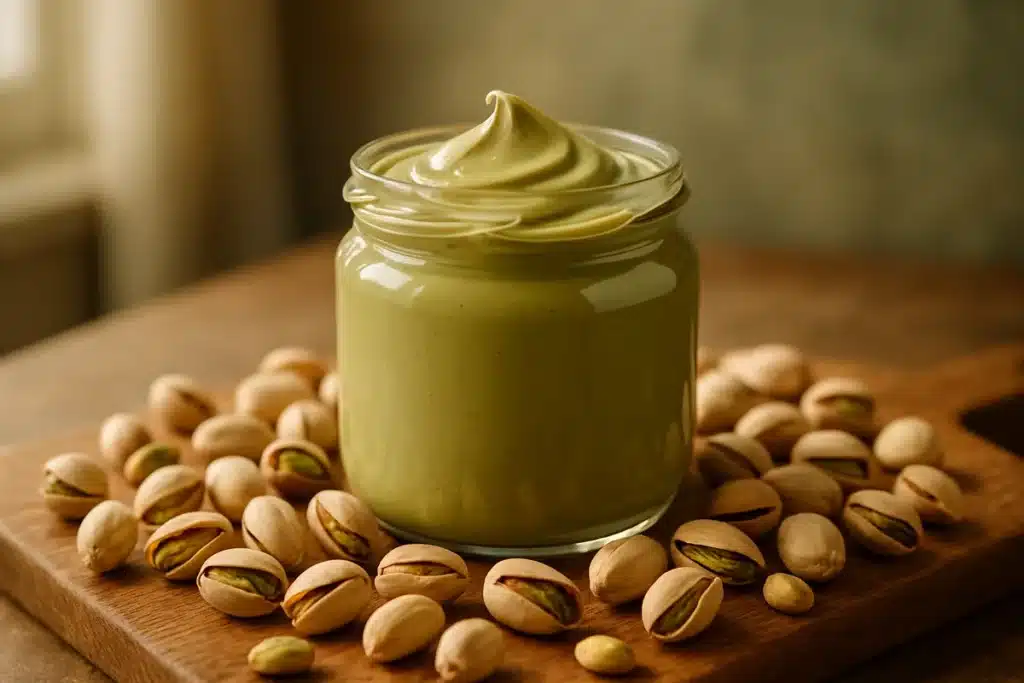 Crème de pistache artisanale dans un bocal en verre avec pistaches décortiquées sur planche bois