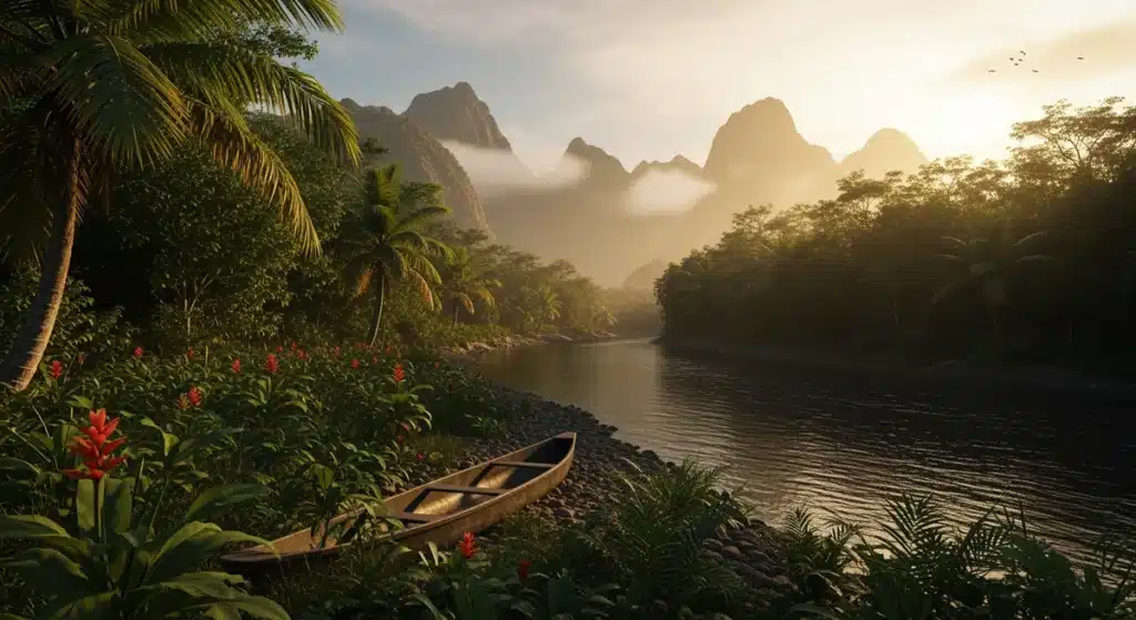 Rivière irquis serpentant à travers une végétation tropicale luxuriante avec canoë traditionnel