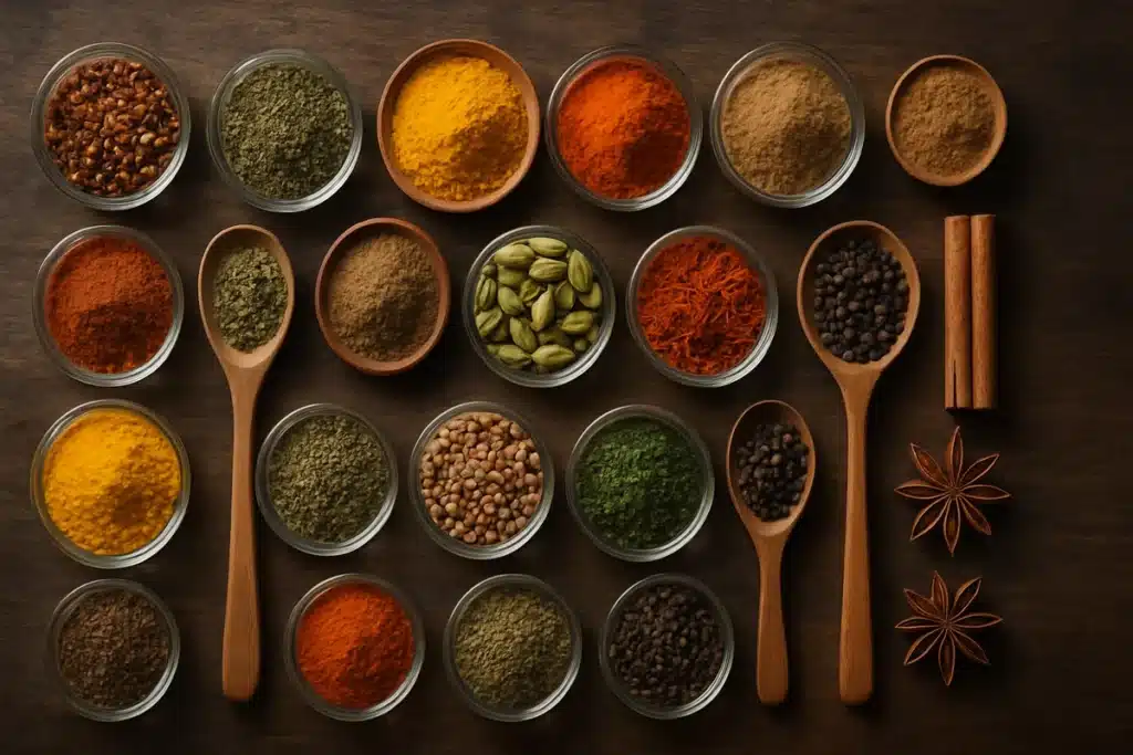 Collection d'épices colorées disposées dans des bols en bois - liste des épices blog libre net