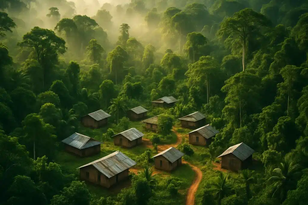 Village traditionnel de Lobila niché dans la forêt équatoriale camerounaise, vue aérienne