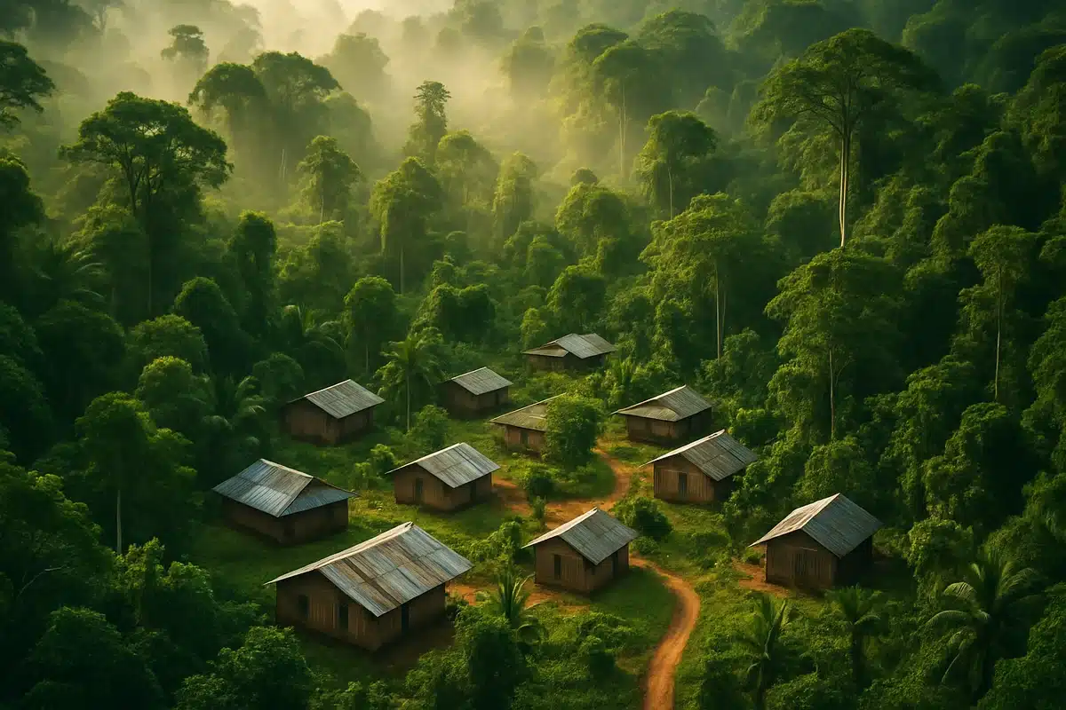 Village traditionnel de Lobila niché dans la forêt équatoriale camerounaise, vue aérienne