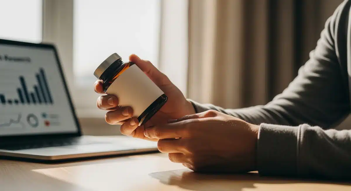 Personne examinant attentivement un flacon de complément Nemanex sur bureau avec recherches santé