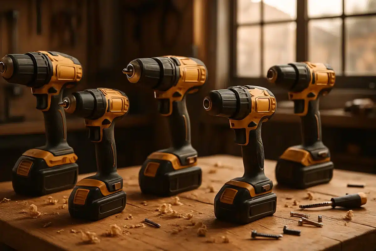 Perceuses visseuses sans fil disposées sur établi en bois dans atelier professionnel moderne