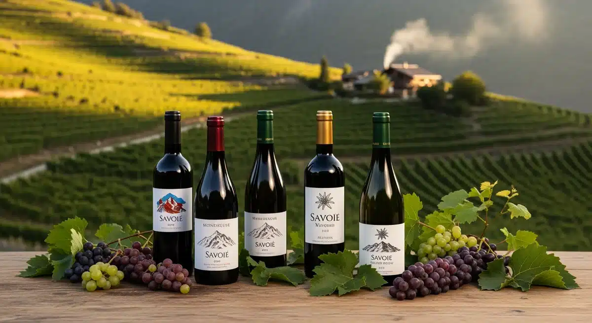 Bouteilles de vin bio Silvado de Savoie sur table rustique avec vignoble alpin en arrière-plan