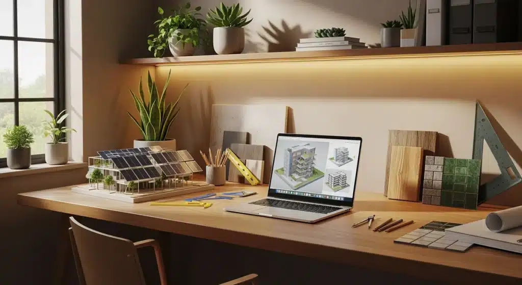 Bureau d'architecte éco-responsable Tooplans avec plans durables, plantes vertes et matériaux recyclés