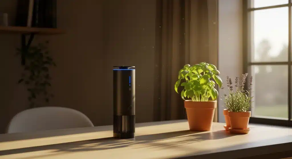 Alexandre Reant piège à moustique Nomoz Pro posé sur bureau en bois avec plantes vertes