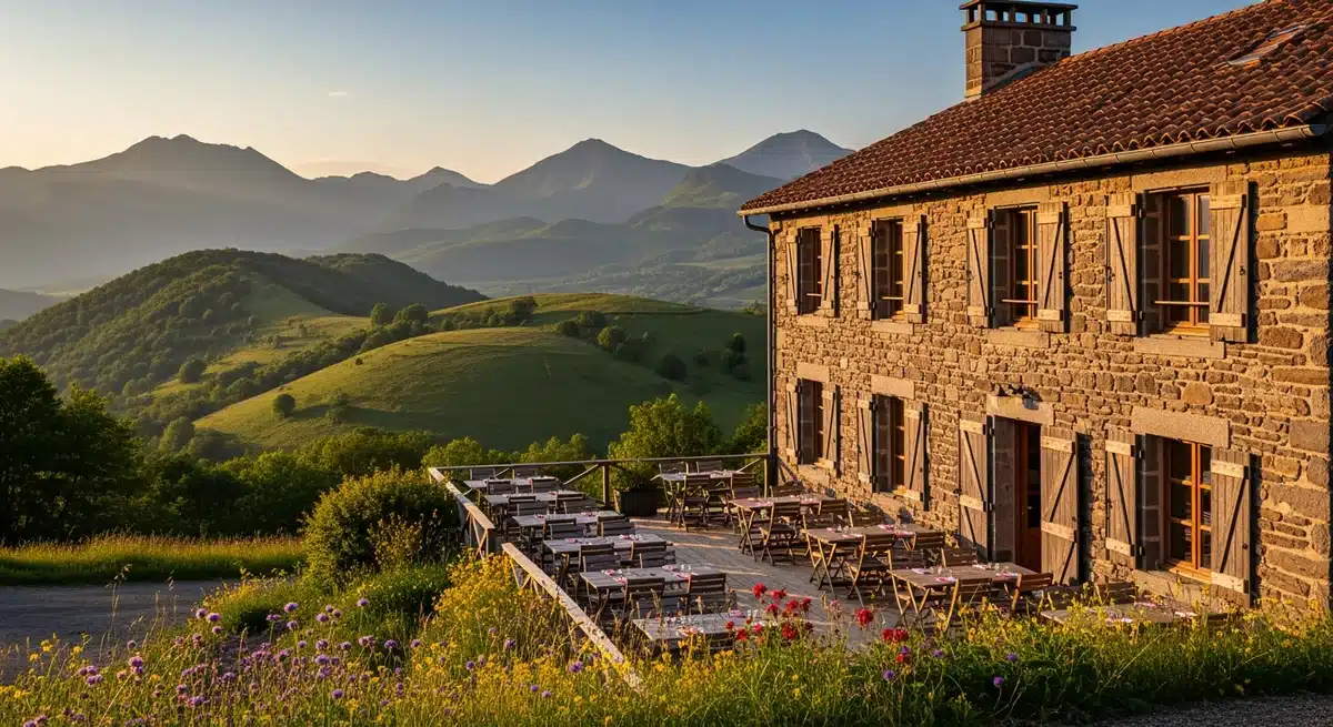 Auberge de Mazayes en Auvergne, bâtiment traditionnel en pierre avec terrasse restaurant