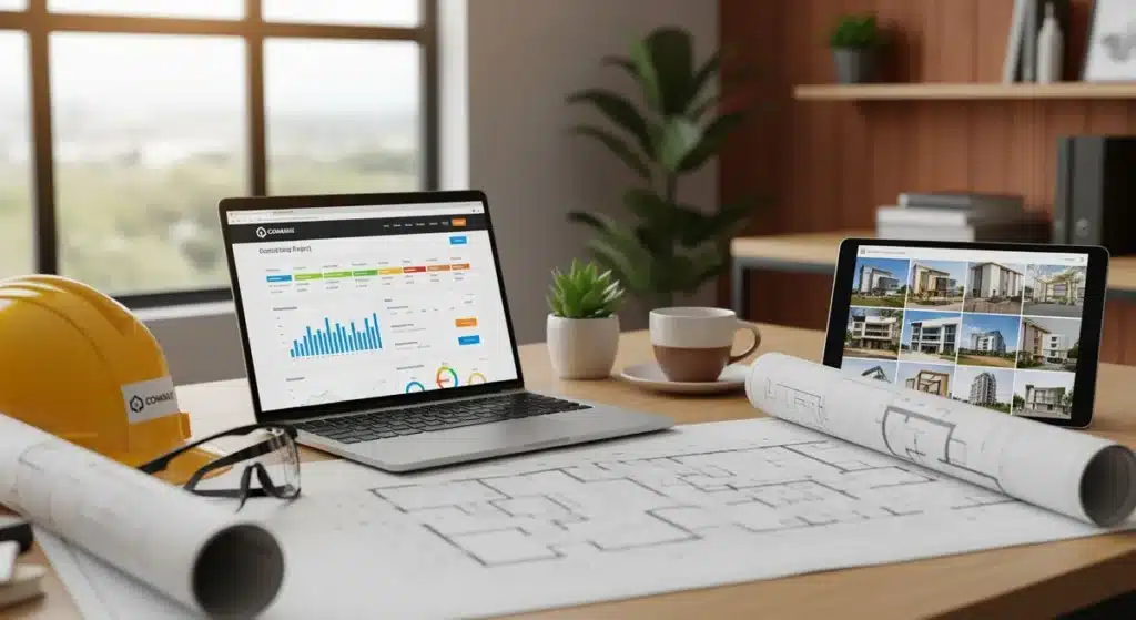 Bureau professionnel avec ordinateur portable affichant bati-actu.fr, plans architecturaux et équipements de chantier