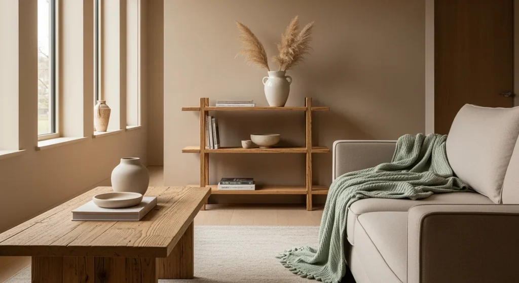 Salon minimaliste avec mobilier durable et matériaux naturels - inspiration déco beau beau blog