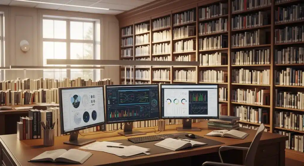 Bibliothèque de recherche moderne avec postes informatiques pour accéder à BiblioInserm et ressources scientifiques