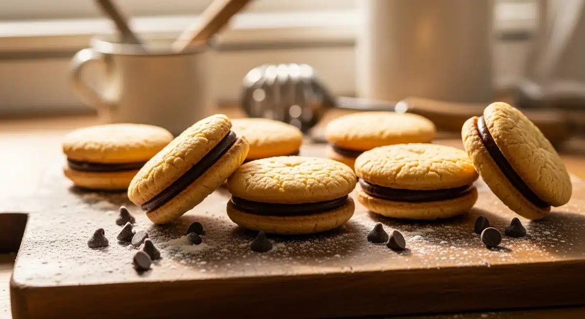 Biscuit BN maison doré avec fourrage chocolat sur planche bois rustique, copeaux chocolat éparpillés