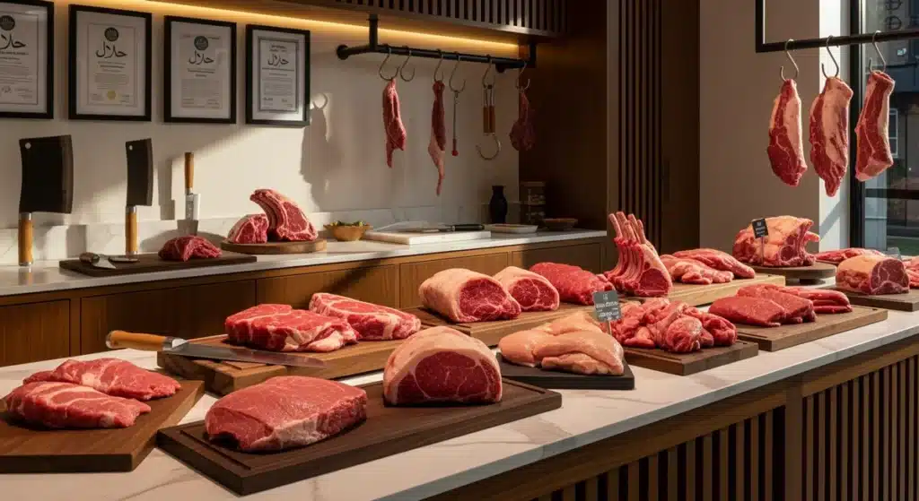 Intérieur moderne d'une boucherie AVS avec comptoir en marbre, découpes de viande fraîche et certificats halal