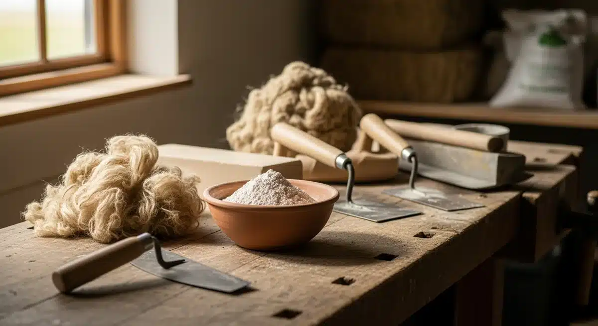 Matériaux chaux chanvre avec fibres naturelles et outils traditionnels sur établi en bois