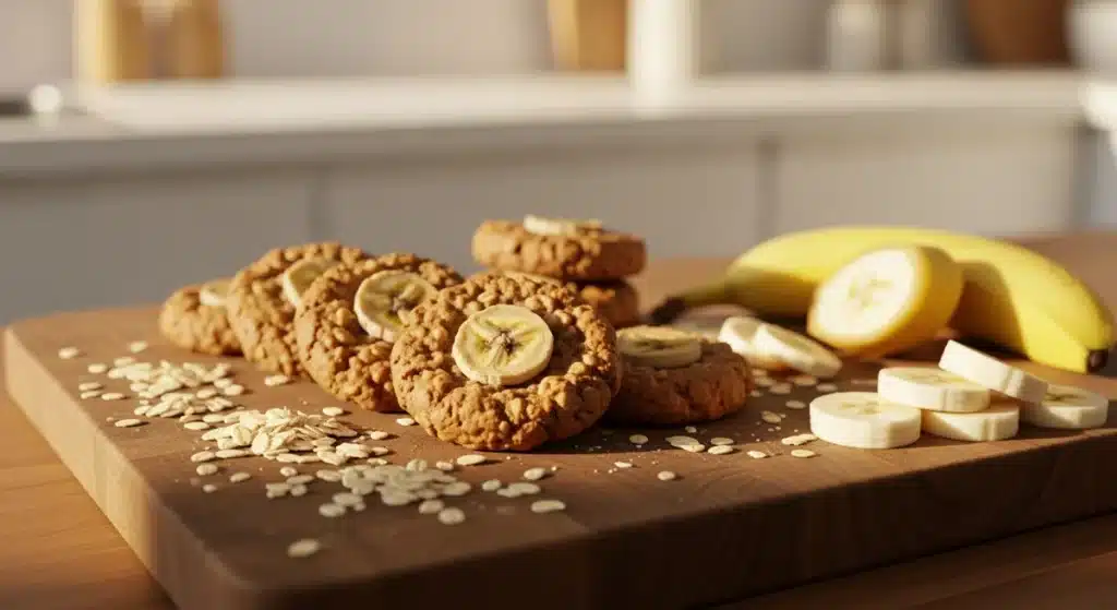 Cookies banane avoine dorés disposés sur planche en bois avec flocons d'avoine et tranches de banane