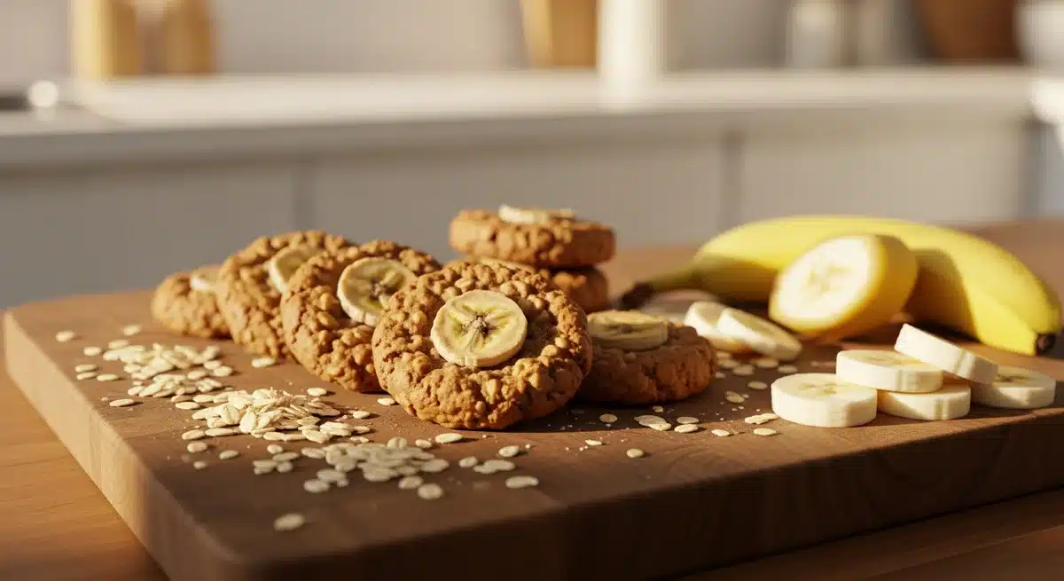 Cookies banane avoine dorés disposés sur planche en bois avec flocons d'avoine et tranches de banane