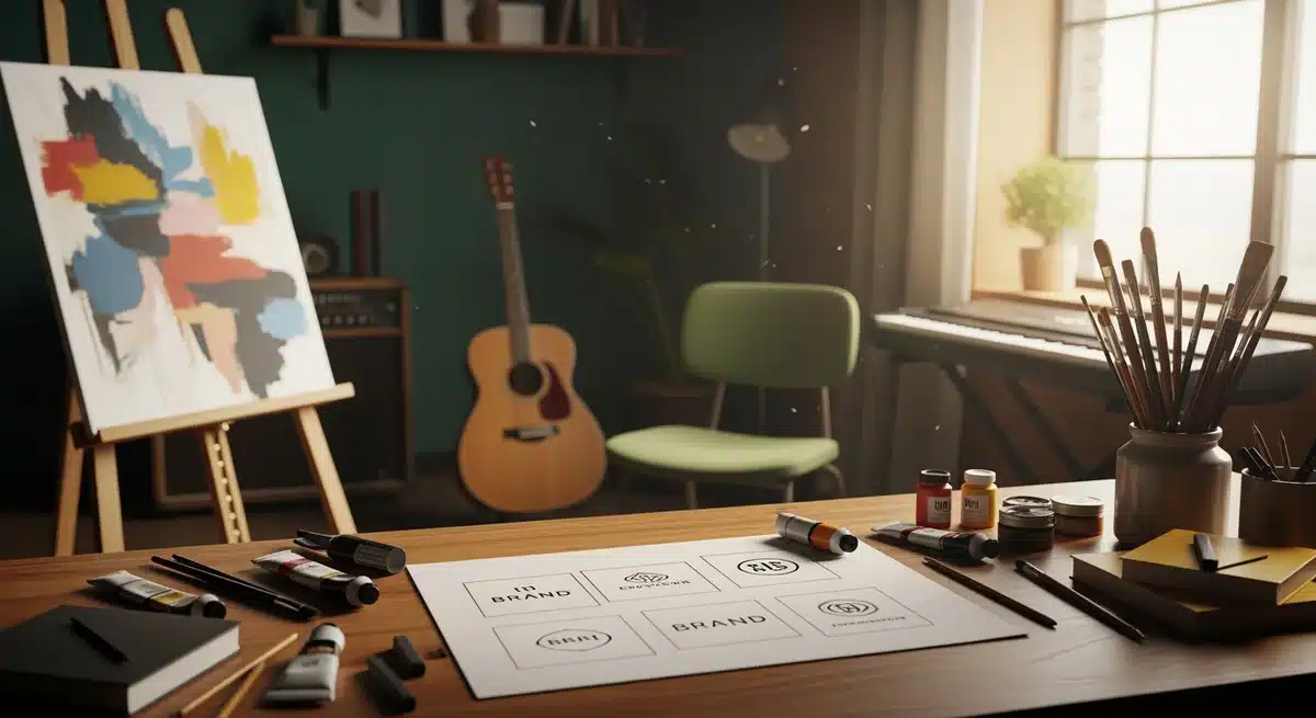 Espace artistique mystérieux avec chevalet, instruments et esquisses évoquant l'identité denku