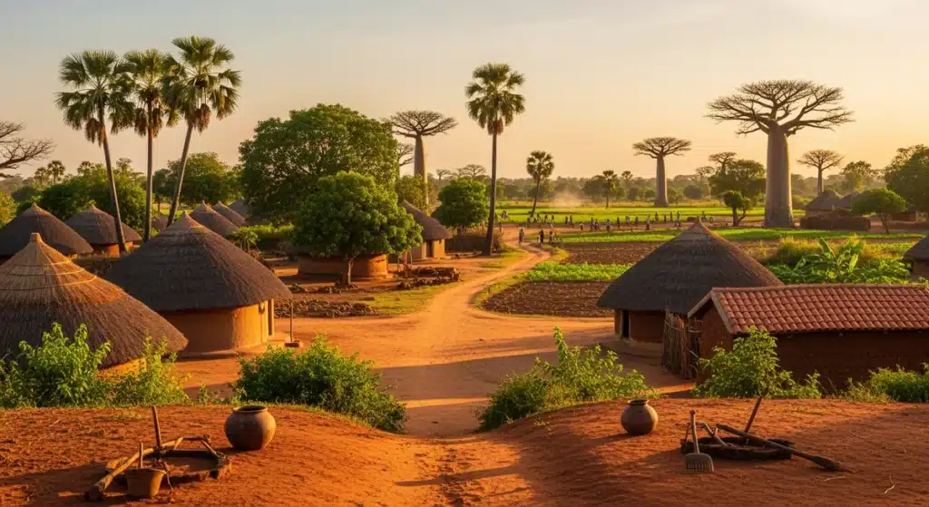 Village rural de Derassi à Kalalé au Bénin avec maisons traditionnelles à toits de chaume et végétation luxuriante