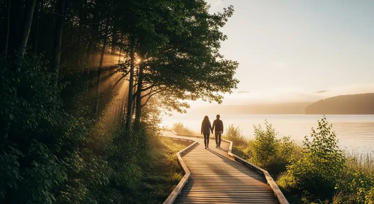 Personnes marchant vers un lac paisible au lever du soleil pour être naturiste en harmonie avec la nature