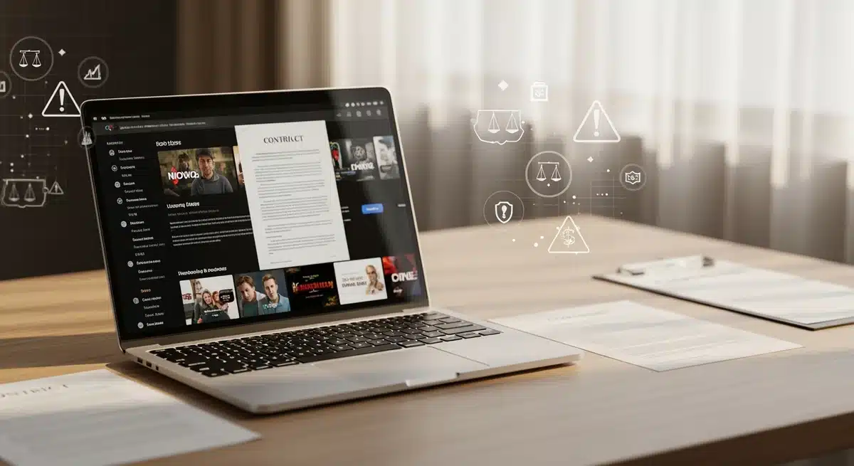 Ordinateur portable sur bureau en bois avec documents légaux, illustrant les risques Flemmix 2026
