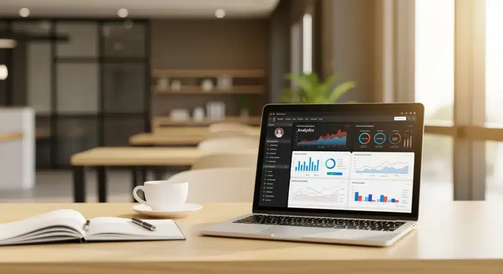 Formation social selling Emmanuelle Petiau - Bureau moderne avec ordinateur affichant analytics réseaux sociaux