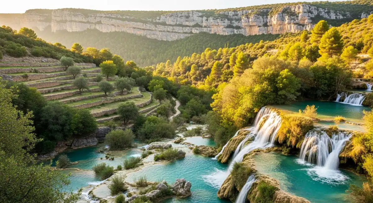 Gour de la Sompe cascade naturelle avec bassins turquoise et formations calcaires en Ardèche
