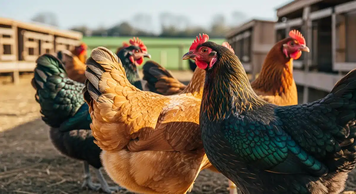 Poules aux plumes saines et brillantes dans un élevage, démontrant les bienfaits du granuplume