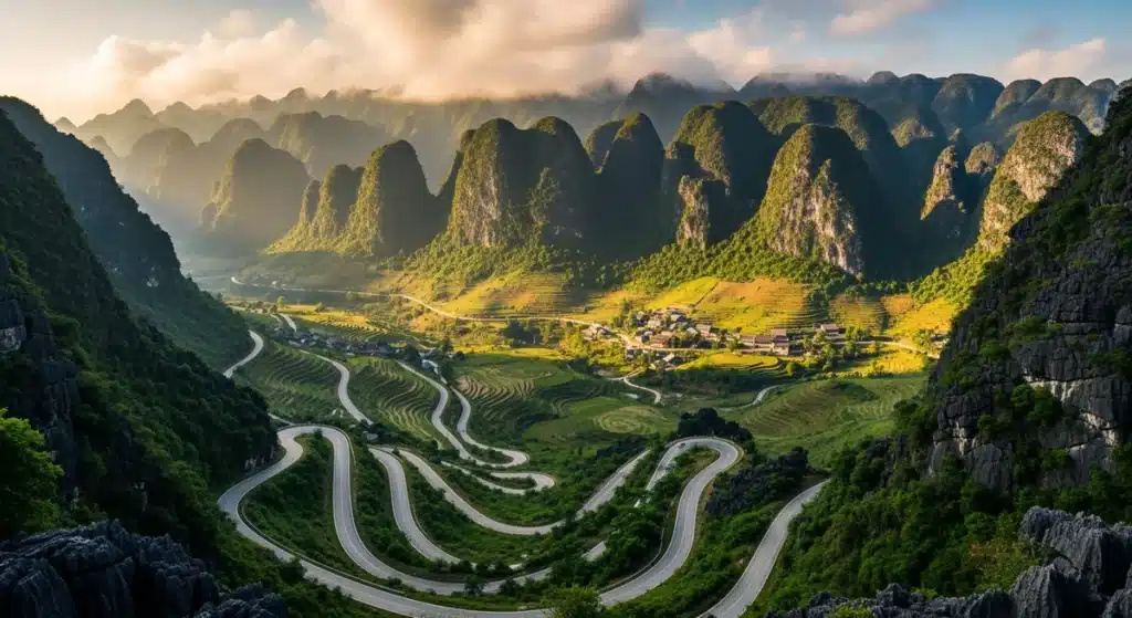 Routes de montagne serpentines du Ha Giang Loop traversant les formations karstiques du nord Vietnam