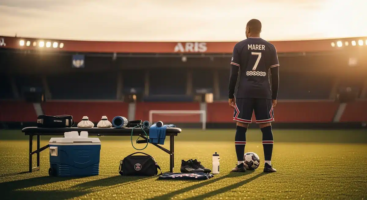 Ki Pembe joueur PSG de dos sur terrain football heure dorée avec équipement médical physiothérapie