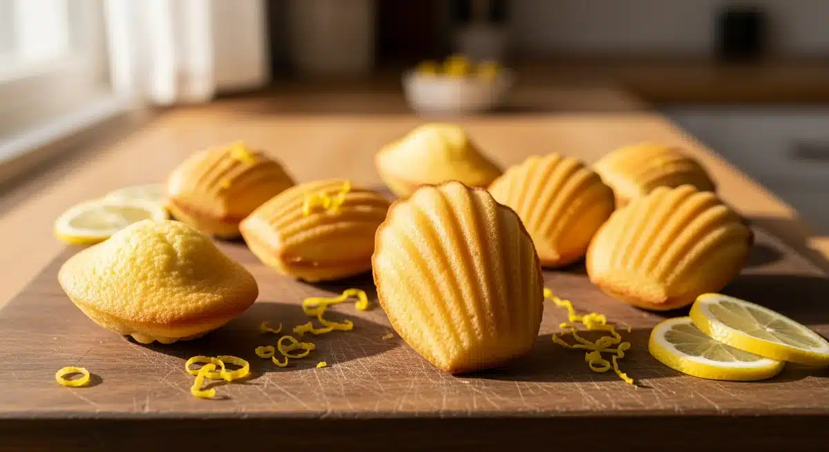 Madeleine au citron moelleuses avec bosse parfaite disposées sur planche en bois rustique