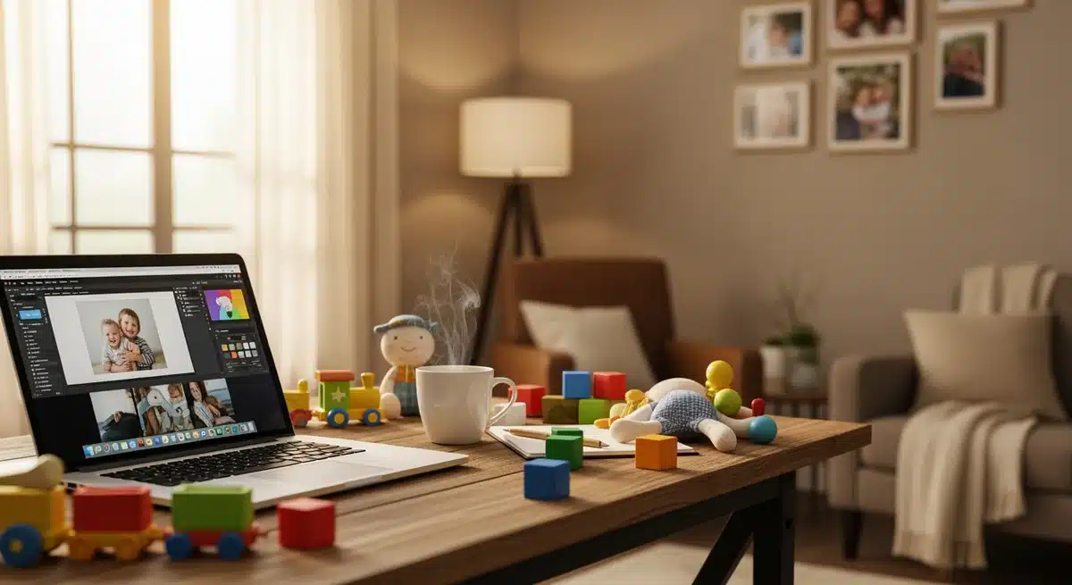 Espace de travail cosy avec ordinateur portable et jouets d'enfants - maman a louest com guide parents