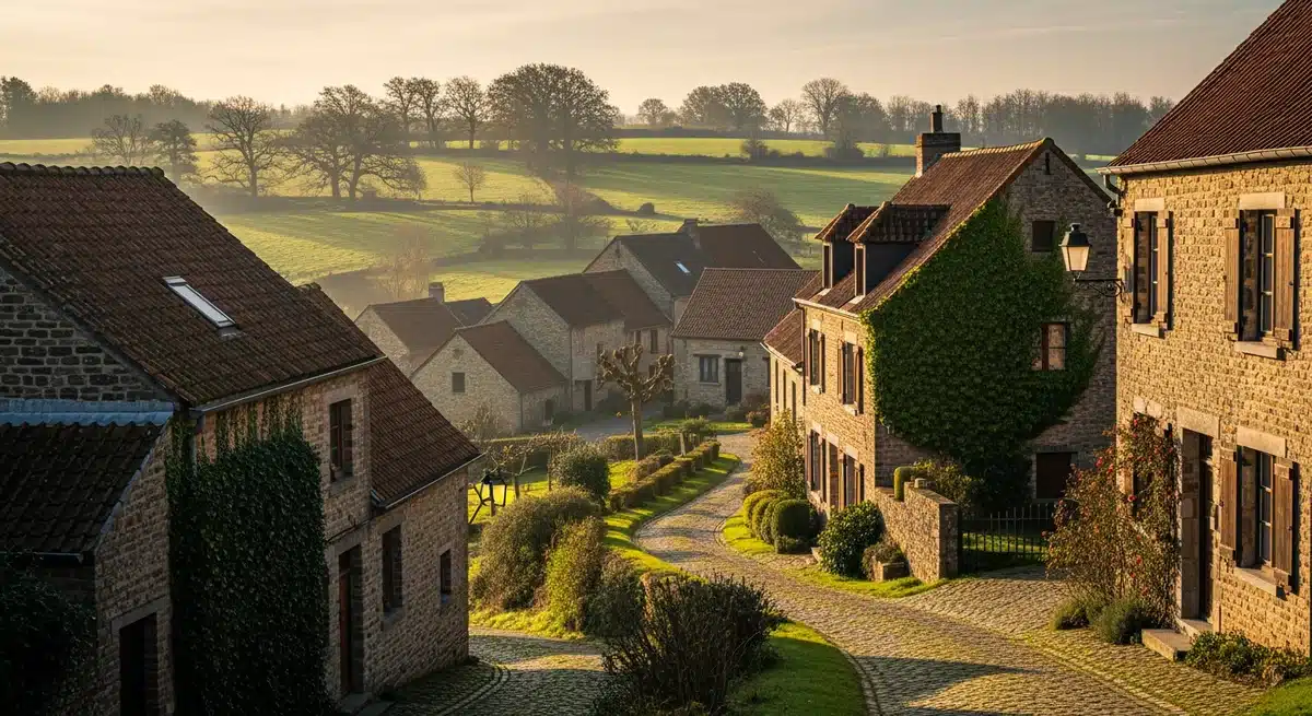 Hameau de Morlies en Wallonie avec maisons en pierre traditionnelles et collines verdoyantes