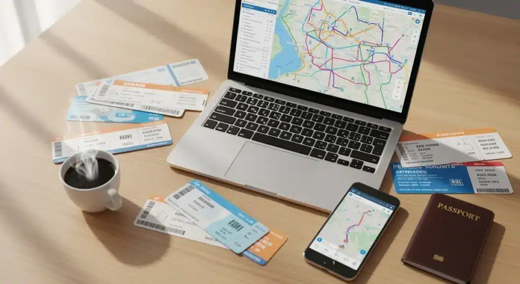Bureau de voyageur avec ordinateur portable affichant Rome2Rio, billets de transport et passeport
