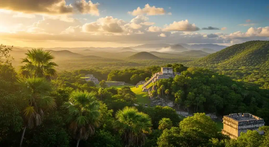Paysage mexicain avec ruines mayas et végétation tropicale illustrant la saison au Mexique idéale
