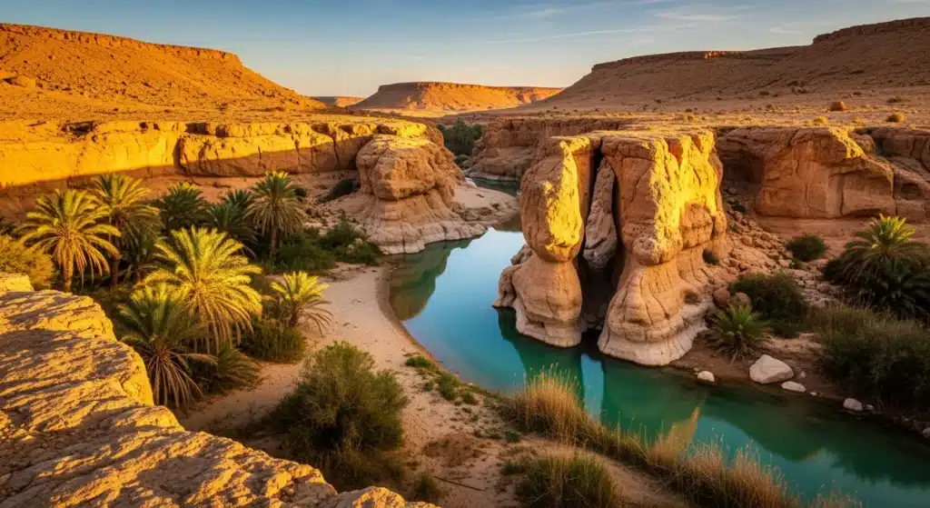 Oued Salsalah en Tunisie avec ses eaux turquoise serpentant entre falaises dorées et palmiers