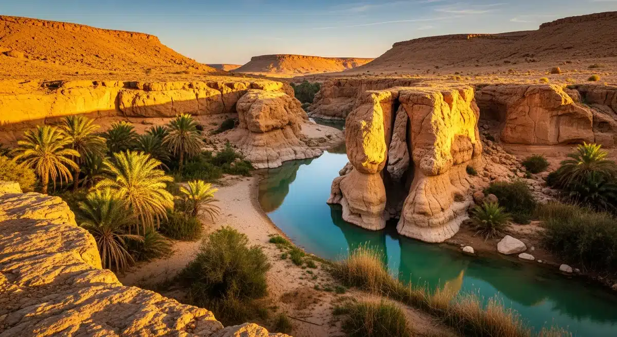Oued Salsalah en Tunisie avec ses eaux turquoise serpentant entre falaises dorées et palmiers