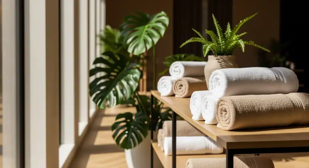 Serviettes de bain blanches et beiges SOL Islands disposées sur étagères en bois dans spa moderne