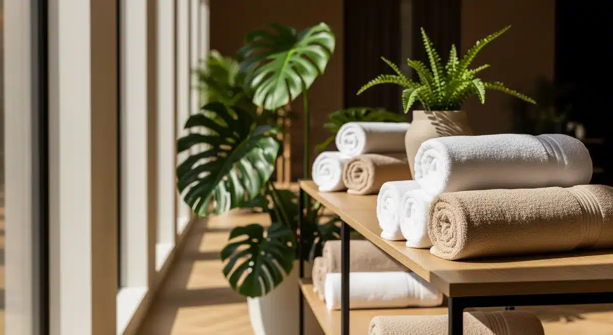 Serviettes de bain blanches et beiges SOL Islands disposées sur étagères en bois dans spa moderne