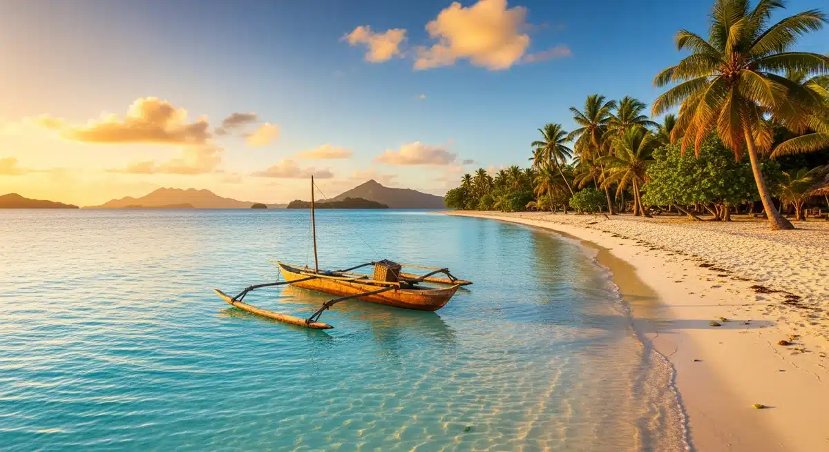 Sol Islands pristine turquoise lagoon with white sand beach, palm trees and traditional outrigger canoe
