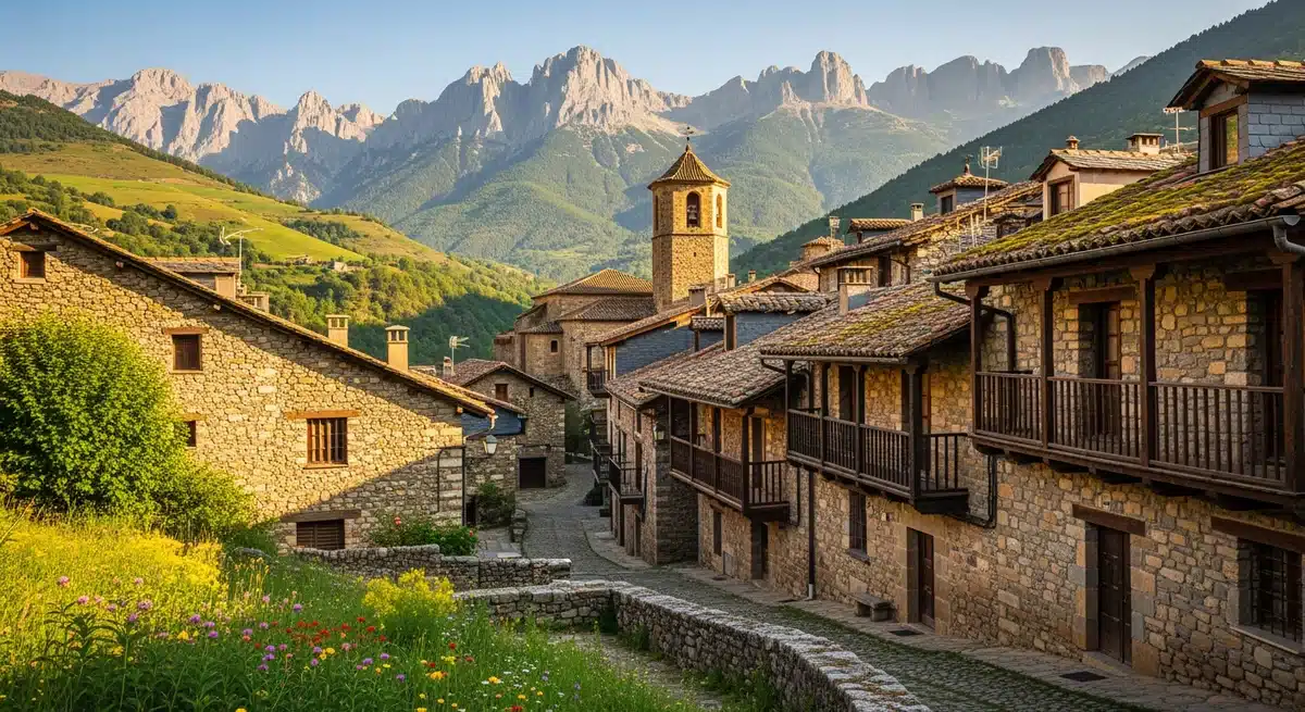 Village d'Urdués dans les Pyrénées aragonaises avec maisons en pierre et architecture médiévale