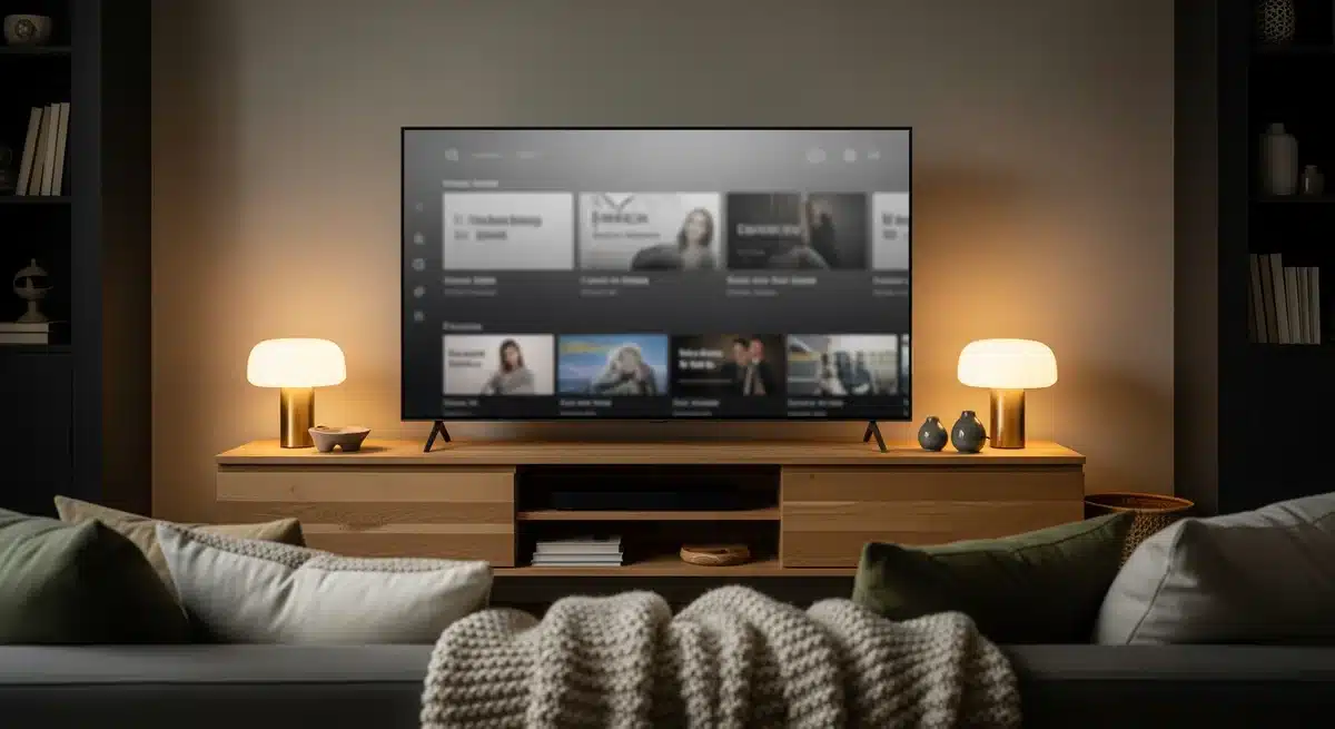 Setup de streaming moderne avec smart TV et interface neutre dans salon cosy, alternatives à Wiflix