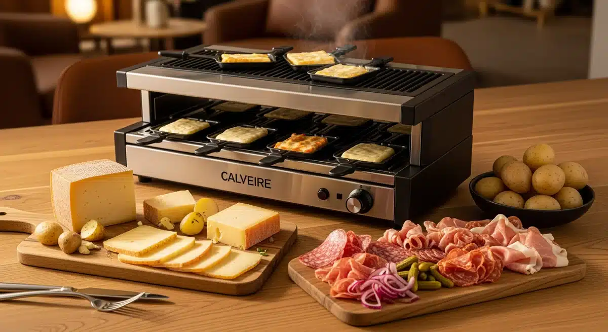 Appareil à raclette moderne sur table en bois avec fromage, pommes de terre et charcuterie