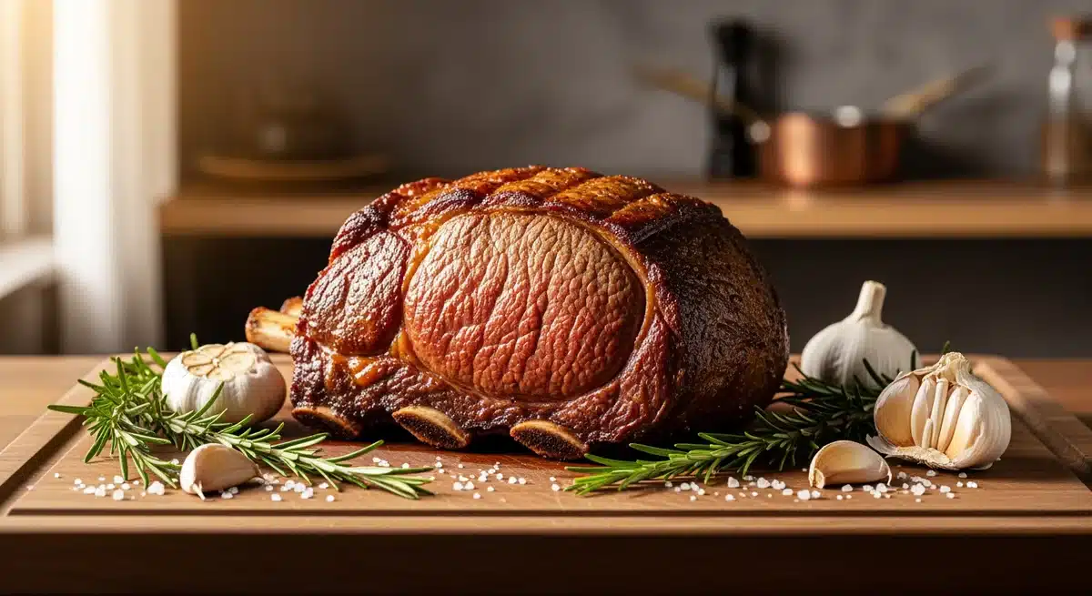 Côte de bœuf parfaitement saisie sur planche en bois avec romarin, ail et fleur de sel