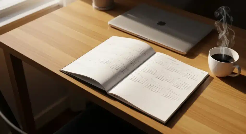 Calendrier ouvert sur bureau avec café et ordinateur portable pour consulter les jours fériés 2025