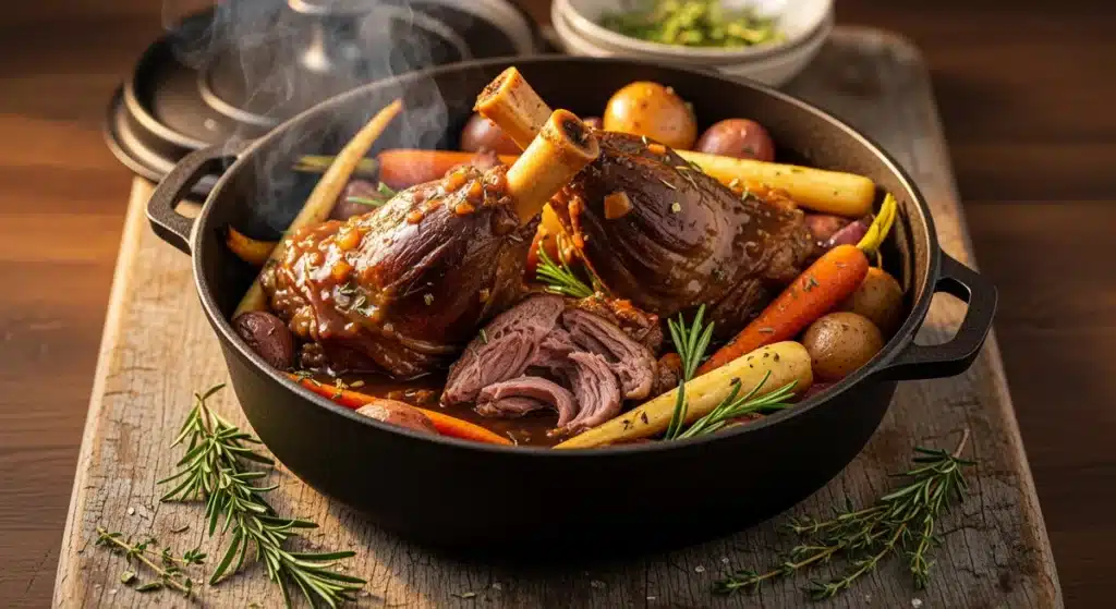 Souris d'agneau à la cocotte dans une cocotte en fonte avec légumes rôtis et sauce dorée