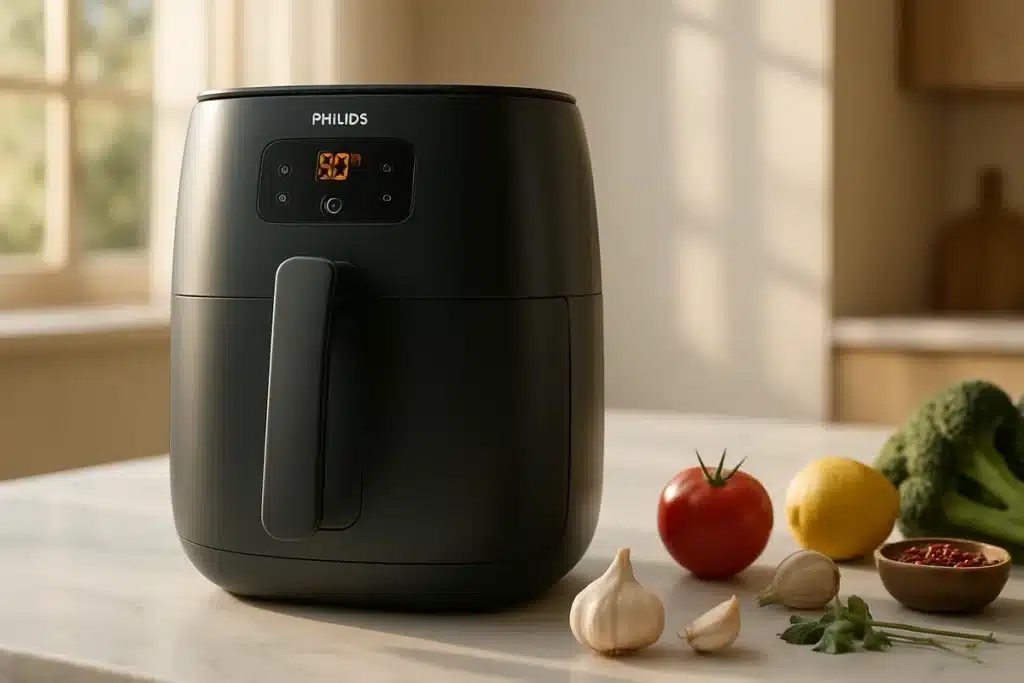 ```json { "altText": "Air fryer Philips moderne posé sur un comptoir de cuisine en marbre blanc avec légumes frais", "caption": "Un air fryer Philips dernière génération dans un environnement de cuisine contemporaine, prêt à transformer votre façon de cuisiner sainement.", "description": "Cette image présente un air fryer Philips haut de gamme installé sur un plan de travail en marbre blanc dans une cuisine au style scandinave. L'appareil est mis en scène avec des légumes frais, illustrant parfaitement les possibilités culinaires offertes par ce type d'équipement. Cette photo accompagne notre guide comparatif 2026 pour vous aider à choisir le meilleur modèle d'air fryer Philips selon vos besoins et votre budget." } ```