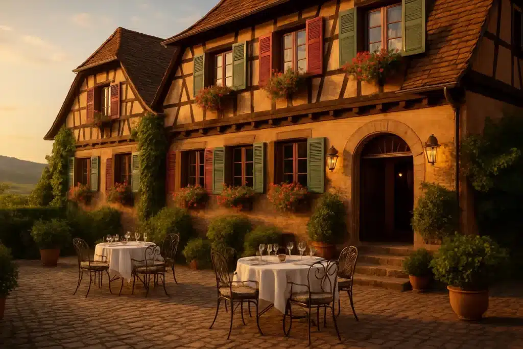 ```json { "altText": "Auberge du Brand à Turckheim - façade alsacienne à colombages avec cour pavée et terrasse gastronomique", "caption": "L'Auberge du Brand à Turckheim dévoile son charme authentique avec son architecture alsacienne traditionnelle et sa terrasse accueillante.", "description": "L'Auberge du Brand à Turckheim se distingue par sa magnifique architecture alsacienne à colombages colorés et sa cour pavée intimiste. Cette adresse gastronomique de charme allie tradition régionale et raffinement hôtelier, nichée au cœur du vignoble alsacien. L'établissement offre un cadre idéal pour découvrir l'art de vivre alsacien entre restaurant étoilé et chambres d'exception." } ```